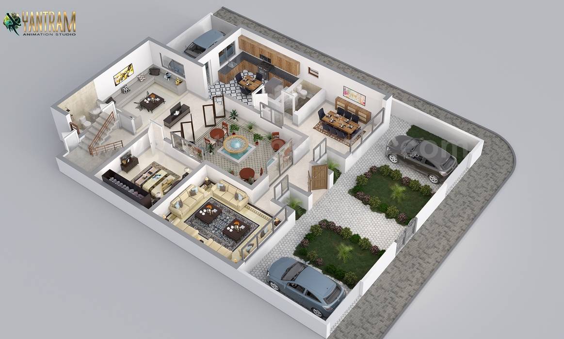 Residential 3D Floor Plan Rendering by Yantram Architectural Design Studio, Austin – Texas Yantram Architectural Design Studio Corporation Bedroom بانس Green