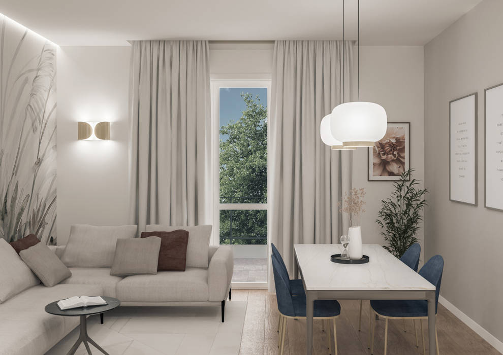 Appartamento in Milano, Bocconi - 90mq - Il soggiorno Bongio Valentina Soggiorno moderno appartamento, carta da parati, dettagli dorati, divano beige, gola luminosa, lampada flos foglio, lampada foscarini chouchin, parquet, poltroncine in velluto blu, render, soggiorno, tavolino rotondo, tavolo da pranzo rettangolare