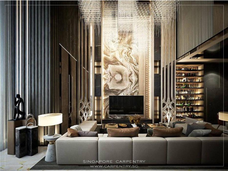 Combining Modernity & Luxury Design Singapore Carpentry Interior Design Pte Ltd Modern living room Marble Amber/Gold luxury,renovation,interior design,marble,singapore,landed property,feature wall,carpentry