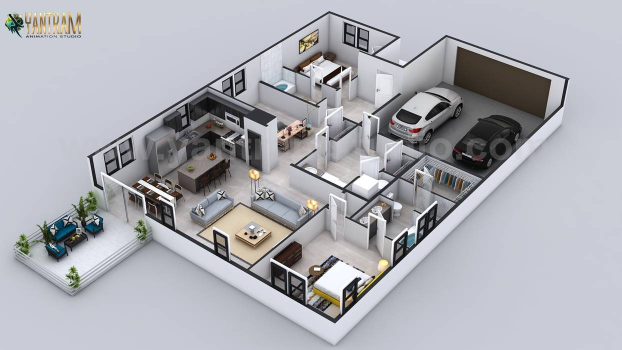 3D Floor Plan for 3D Contemporary Residential Home with Garage Slot by Architectural Animation Studio Boston, Massachusetts homify Balcony Aluminium/Zinc