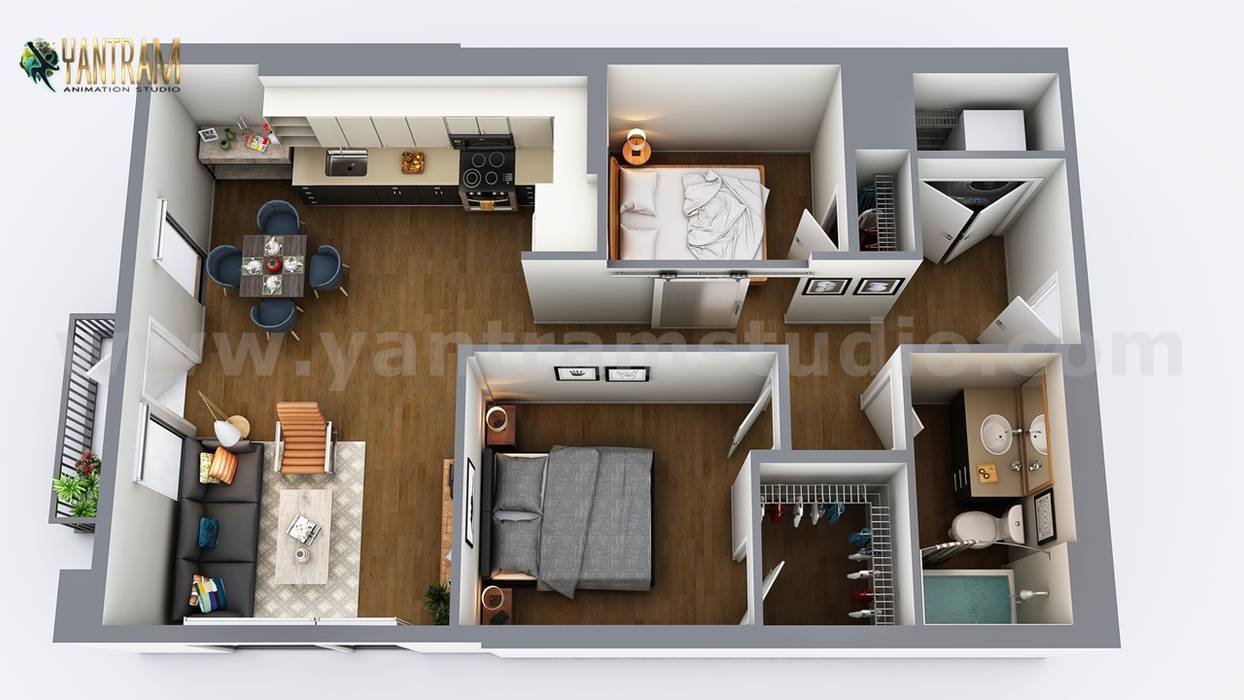 3d floor plan rendering Yantram Architectural Design Studio Corporation 浴室 刨花板