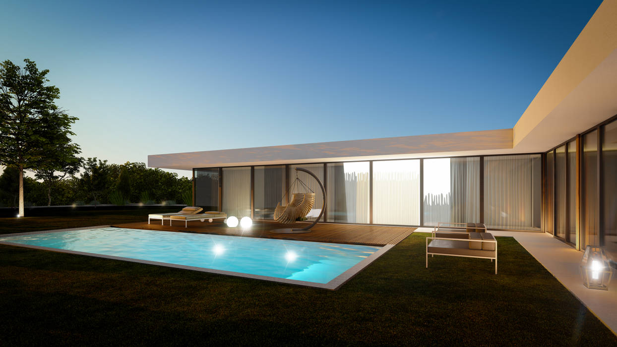 3D Jardim e piscina Pascal Millasseau Construction Casa, piscina, jardim, vidros, lote, lotes, moradia, espaço, espaçoso, vista, verde, natureza, garagem, cozinha, t3, quartos,house, pool, garden, windows, space, open space, nature, garage, bedroom, Condominium