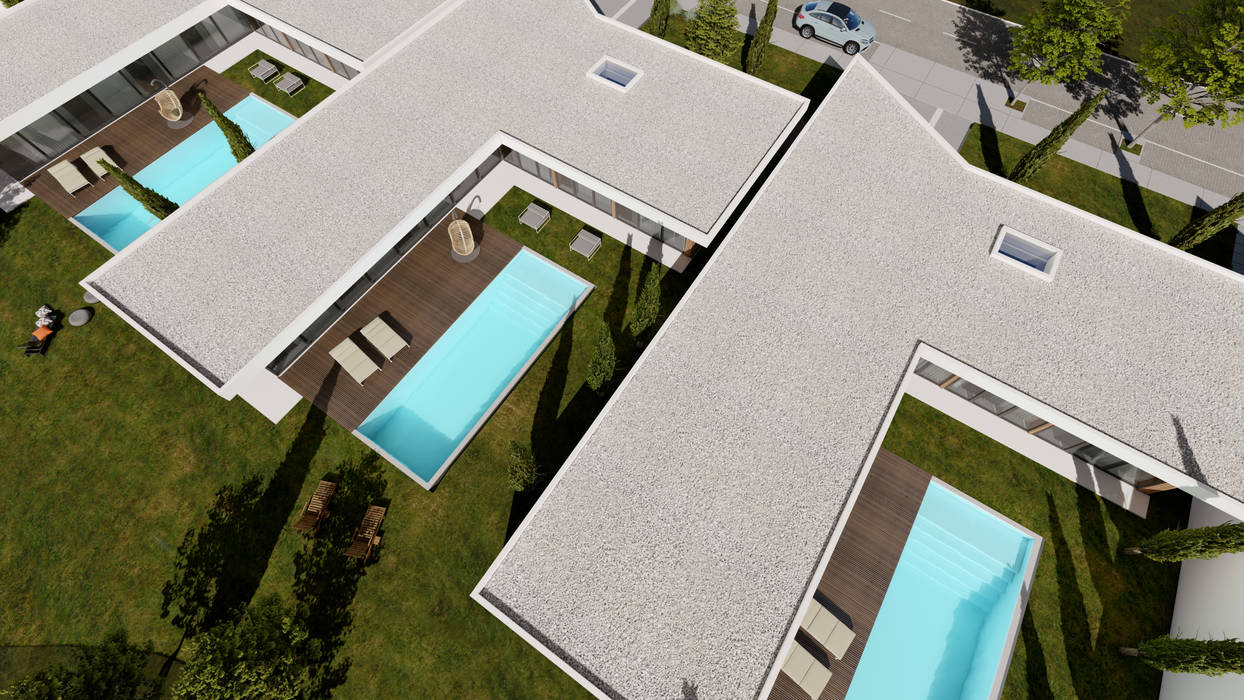 3D Vista aérea costas Pascal Millasseau Construction Casa, piscina, jardim, vidros, lote, lotes, moradia, espaço, espaçoso, vista, verde, natureza, garagem, cozinha, t3, quartos,house, pool, garden, windows, space, open space, nature, garage, bedroom, Condominium