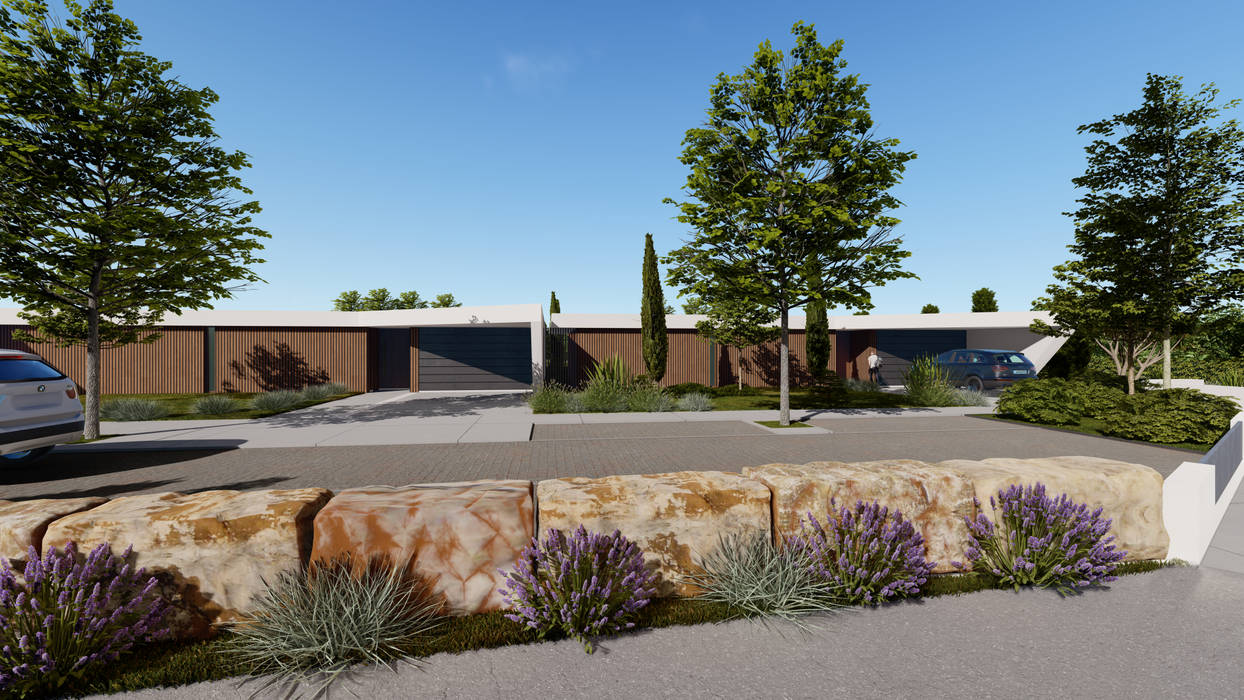 3D Fachada frontal Pascal Millasseau Construction Casa, piscina, jardim, vidros, lote, lotes, moradia, espaço, espaçoso, vista, verde, natureza, garagem, cozinha, t3, quartos,house, pool, garden, windows, space, open space, nature, garage, bedroom, Condominium