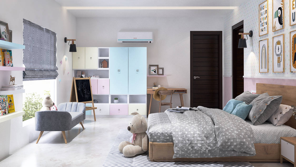 Kids room wardrobe with open shelves and study homify Eclectic style bedroom kids room interior ,daughter room designs, interior designer in delhi, interior designer in Gurgaon, Interior designer in Noida