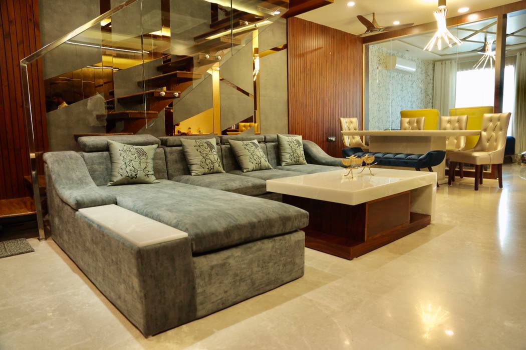 Informal living room with L shaped lounger and marble top center table homify Classic style living room L shaped sofa, center table designs, luxury living room, living room designs, interior designer in delhi