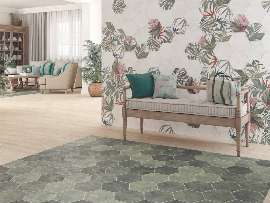 Wohnzimmer Gestaltung mit Saona Esmeralda als Bodenfliese und Aruba Blanco als Wandfliese Fliesen24 Living room Tiles vintage, fliese, bodenfliese, wandfliese, sechseck, moderne fliese