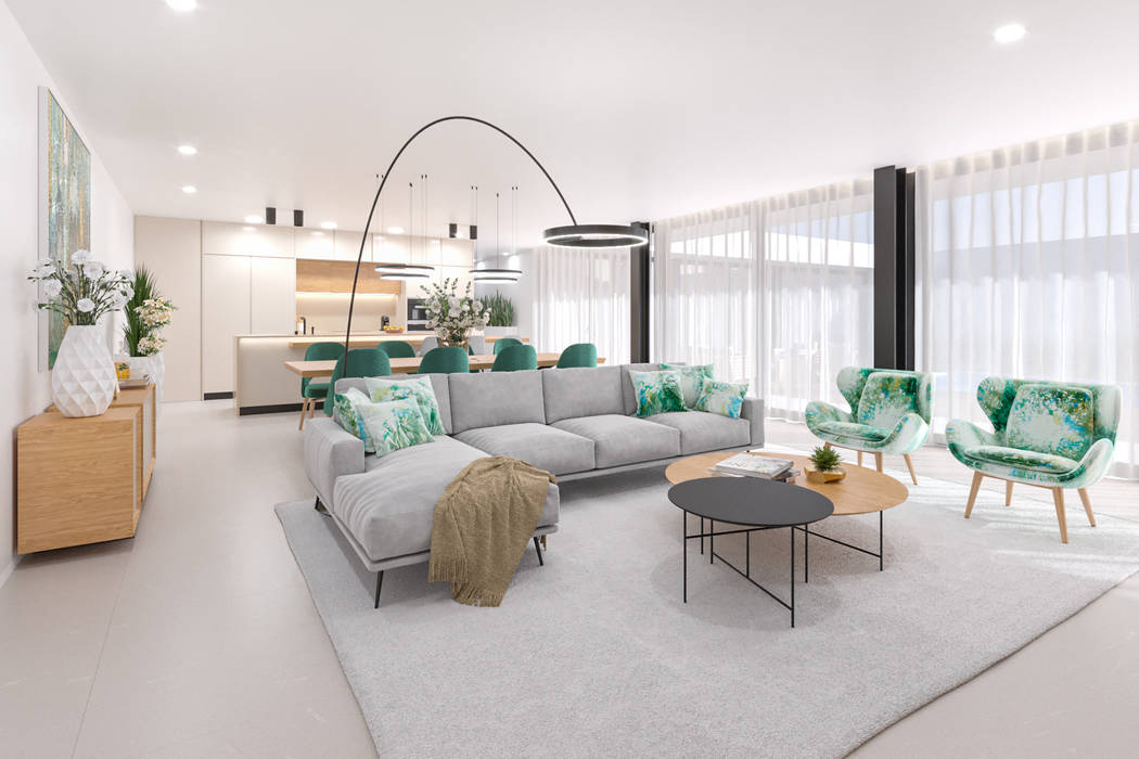 3D Sala de Estar/Living Room - Open Plan Pascal Millasseau Construction Open Plan, Sunlight, kitchen, living room, dining room, Casa, piscina, jardim, vidros, lote, lotes, moradia, espaço, espaçoso, vista, verde, natureza, garagem, cozinha, t3, quartos,house, pool, garden, windows, space, open space, nature, garage, bedroom, Condominium