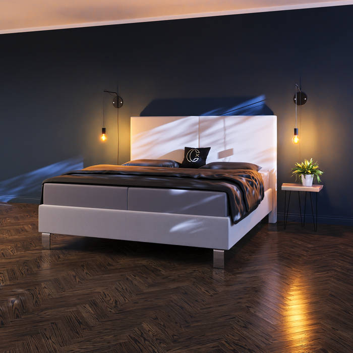 Weißes Polsterbett mit Stauraum Casarista Moderne Schlafzimmer Weiß Bett mit Stauraum, Lattenrostbett, Boxspringbett, Bett Überlänge, Doppelbett, Boxspringbett konfigurieren, Konfigurator, Bett weiß