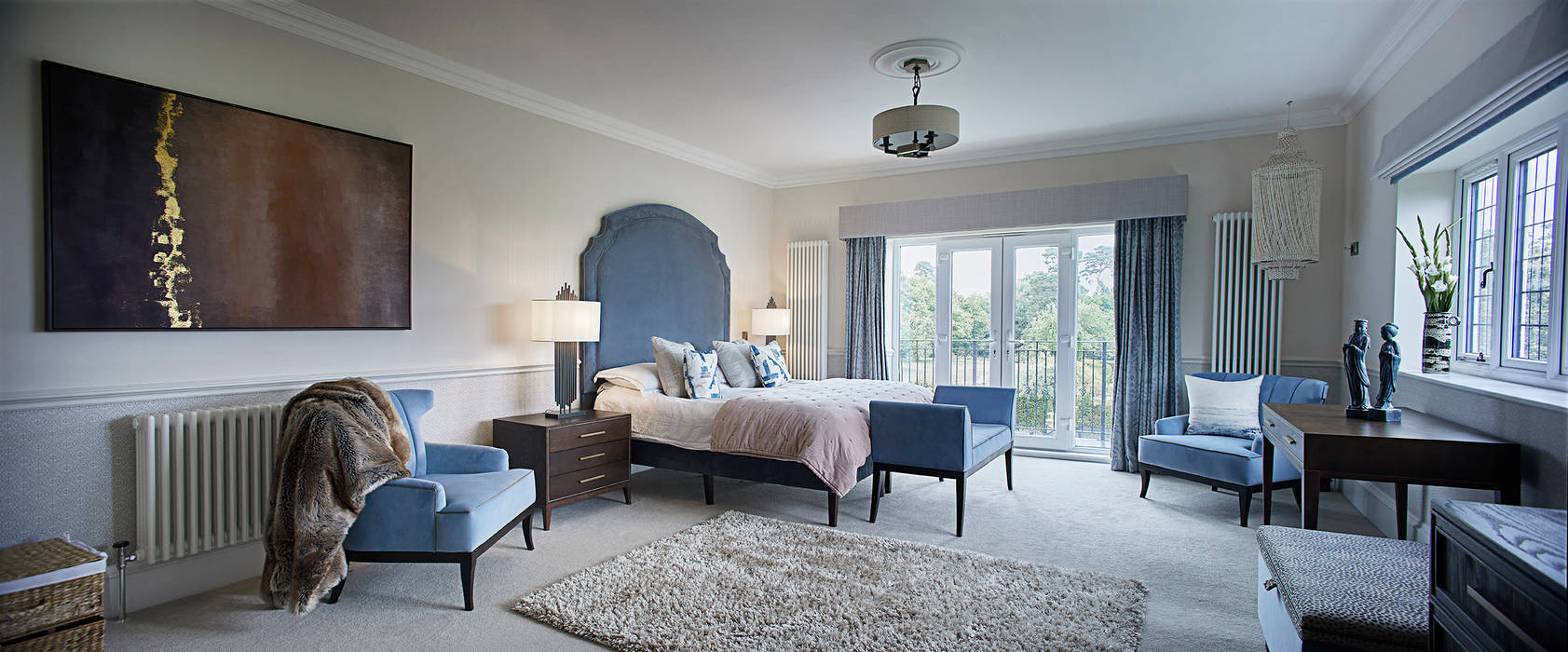 Relocating to the Country Niki Schafer Interior Design Master bedroom Blue headboard,bluebedroom,masterbedroom