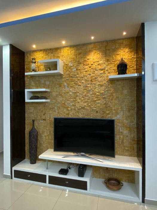 Tv unit with stone cladding designodwells modern living room