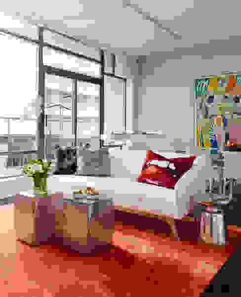 Living Room Douglas Design Studio Living roomAccessories & decoration Red westwood,vivienne westwood,sofa,white sofa,artwork,rug,red rug,red throw rug,condo,apartment,fun,funky