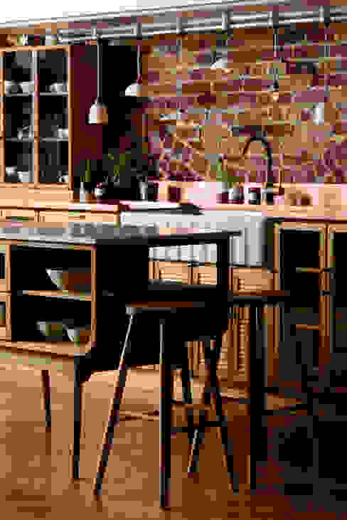 The Haberdasher's Kitchen by deVOL deVOL Kitchens Kitchen Solid Wood Brown kitchen island,oak kitchen,wooden stool,seating,marble worktop,mid-century,haberdashery
