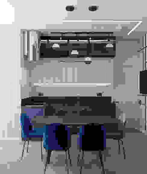 Кухня со столовой зоной Студия дизайна интерьеров и ремонта Алексея Выходца Кухонные блоки Синий синяя кухня, велюровые стулья, синее кресло, серый стул
