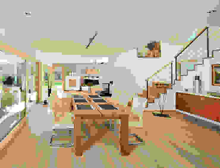 Essbereich mit angrenzendem Wohnbereich Bau-Fritz GmbH & Co. KG Moderne Esszimmer Stühle und Bänke