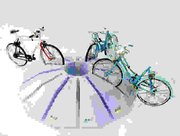 電磁ロック駐輪ラック Electromagnetic lock bicycle parking rack , YUMIKA Design YUMIKA Design モダンデザインの ガレージ・物置 ガレージ＆小屋