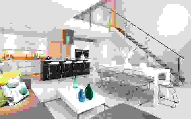 Double height void and feature staircase leading to kitchen / living / dining LLI Design Modern kitchen