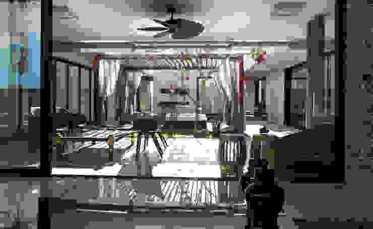 Varanda, vista emoldurada do living. RABAIOLI I FREITAS Varandas, alpendres e terraços minimalistas