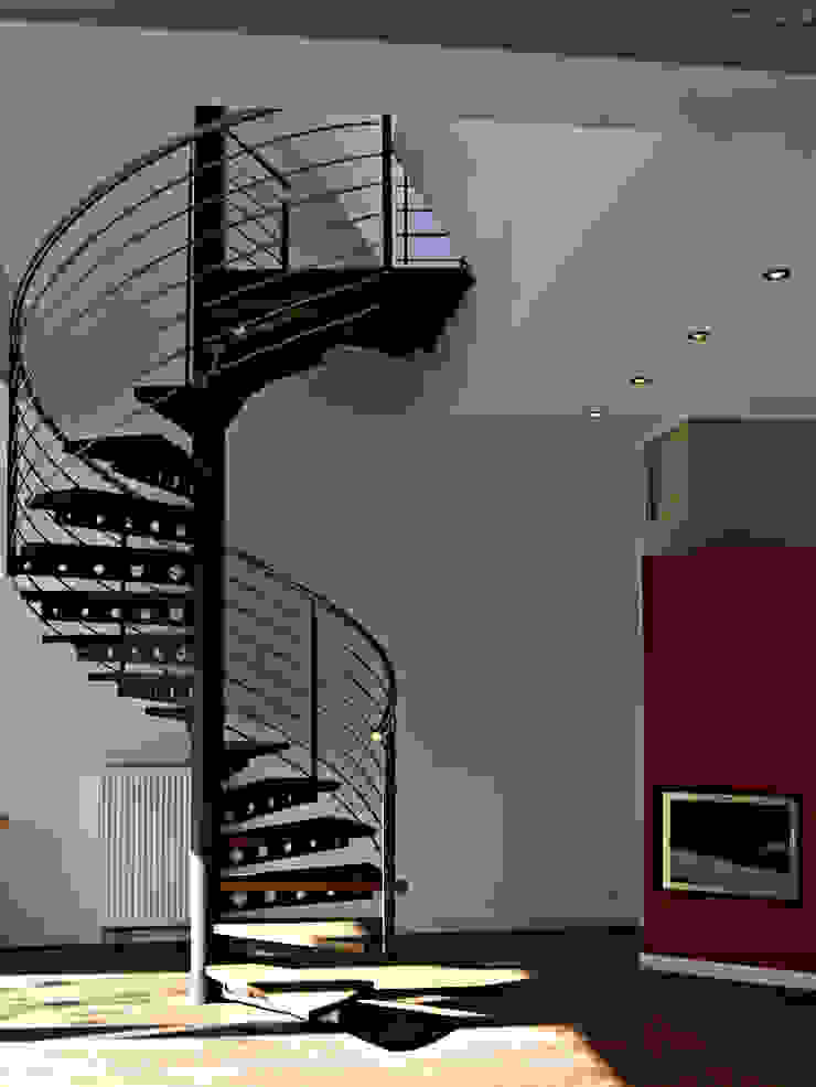 Moderne Spindel- Brandschutz-Treppe aus Stahl mit Eichen-Stufen | homify