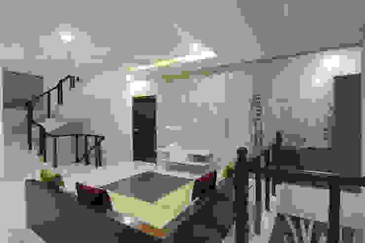 first floor lounge KREATIVE HOUSE Eclectic style corridor, hallway & stairs Tiles White