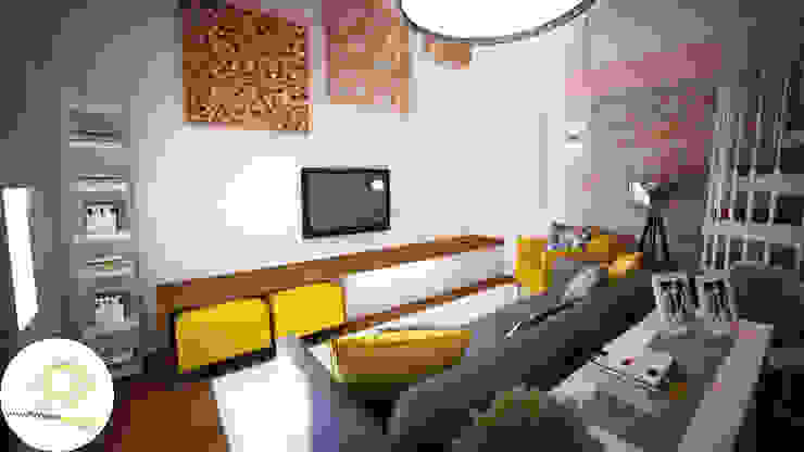 Decoração Mezanino (zona de estar) by Andreia Louraço Design e Interiores Andreia Louraço - Designer de Interiores (Email: atelier.andreialouraco@gmail.com) Salas de estar modernas Madeira Amarelo