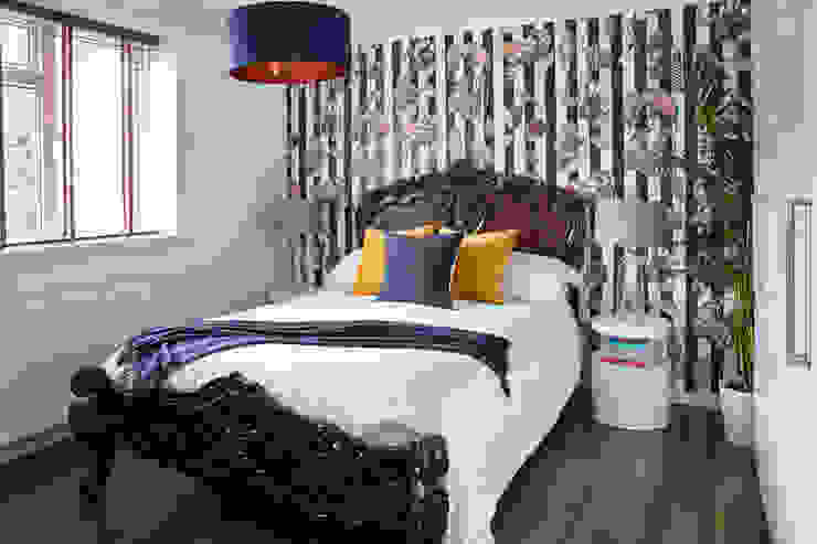 Virginia Water Apartment - Surrey Bhavin Taylor Design Modern Bedroom Bedroom,bed,rococo style,bedside tables,wallapaper,feature wall,animals,blue,yellow,mustard,grey,bedding