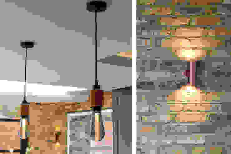 East Dulwich 1 Proctor & Co. Architecture Ltd Industrial style kitchen Bricks Blue copper light,copper,bulb pendant,exposed brick,copper wall light,london stock brick,london kitchen,kitchen extension,east dulwich,rear extension,industrial kitchen,blue kitchen