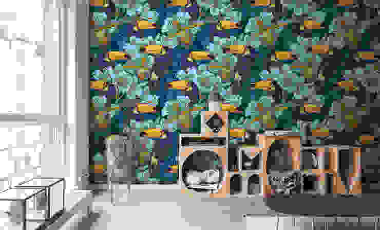 Toucans in the jungle Pixers Moderne Wohnzimmer Blau toucans,jungle,tropical,flowers,wall mural,wallpaper