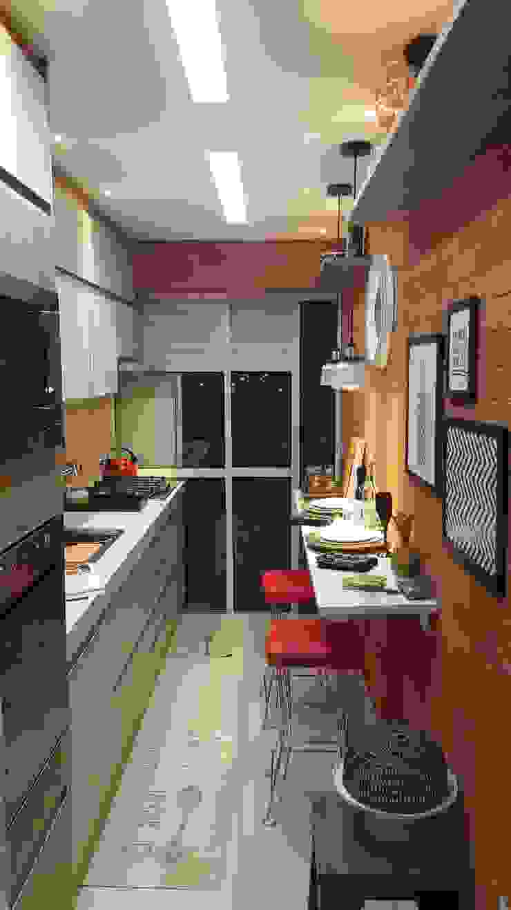Uma cozinha linear com muito charme, funcionalidade e sofisticação., Lucio Nocito Arquitetura e Design de Interiores Lucio Nocito Arquitetura e Design de Interiores Modern kitchen Bricks Wood effect