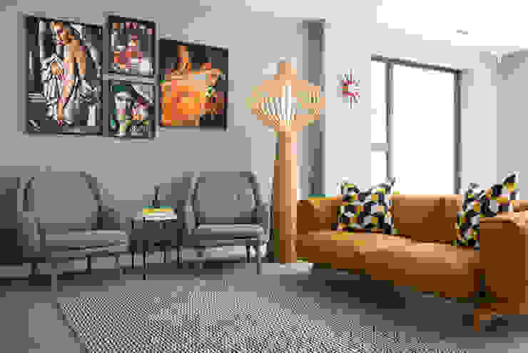 Living Room SWM Interiors & Sourcing Ltd Moderne Wohnzimmer sofa,armchairs,floor lamp,art,blue walls