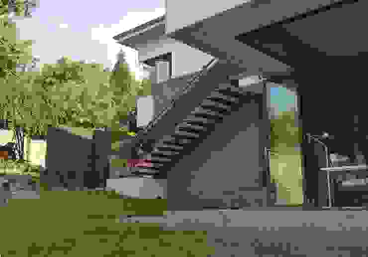 open corner with floating stairs Human Voice Architects 現代風玄關、走廊與階梯