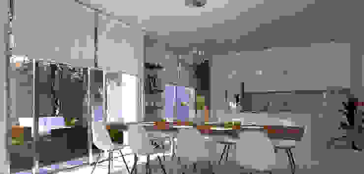 Sala-Comedor-Cocina homify Comedores minimalistas Blanco sala,comedor,silla de comedor,iluminación de cocina,isla de cocina,cocina,minimalista,diseño,terraza,jardin,cocina blanca,mesa de comedor