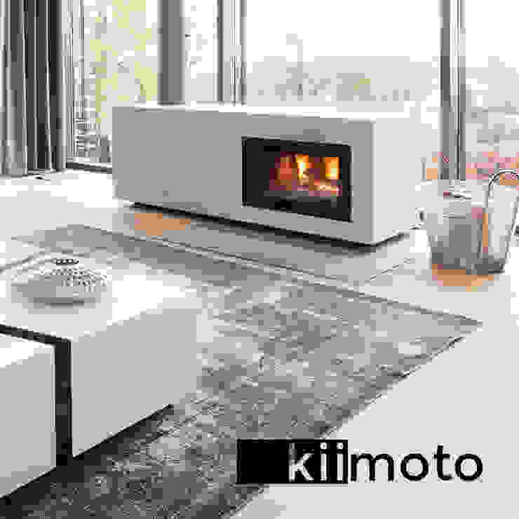 .kii3 | kiimoto - Kaminofen vor Fenster, kiimoto kamine kiimoto kamine Moderne Wohnzimmer Beton Beige Kamin,Ofen,Öfen,Kamin und Zubehör