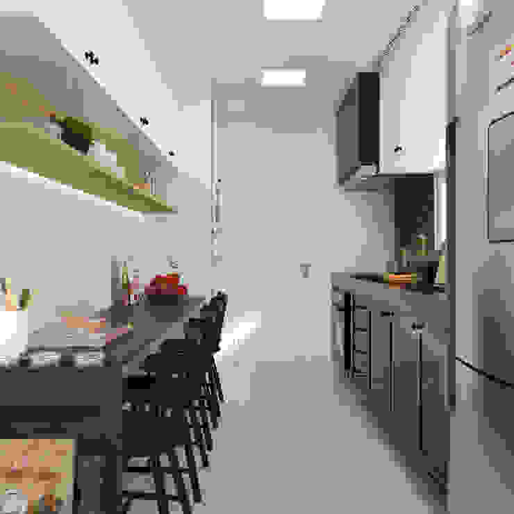 COZINHA | Mesa pequenas refeições + armário suspenso CASA DUE ARQUITETURA Cozinhas pequenas cozinha,bancada preta,granito,mesa de refeições,Iluminação de cozinha