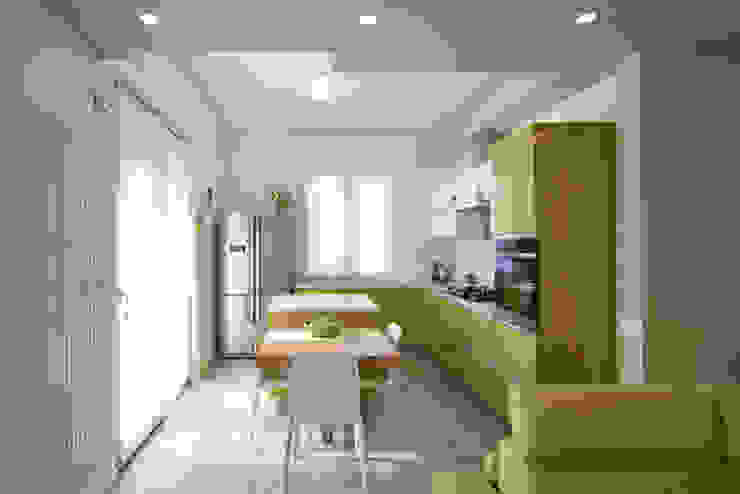 Una casa con il cuore in cucina, silvestri architettura silvestri architettura Cucina moderna Verde Tavolo,Proprietà,Mobilia,Edificio,Interior design,Pianta della casa,Divano,Illuminazione,Rubinetto,Architettura