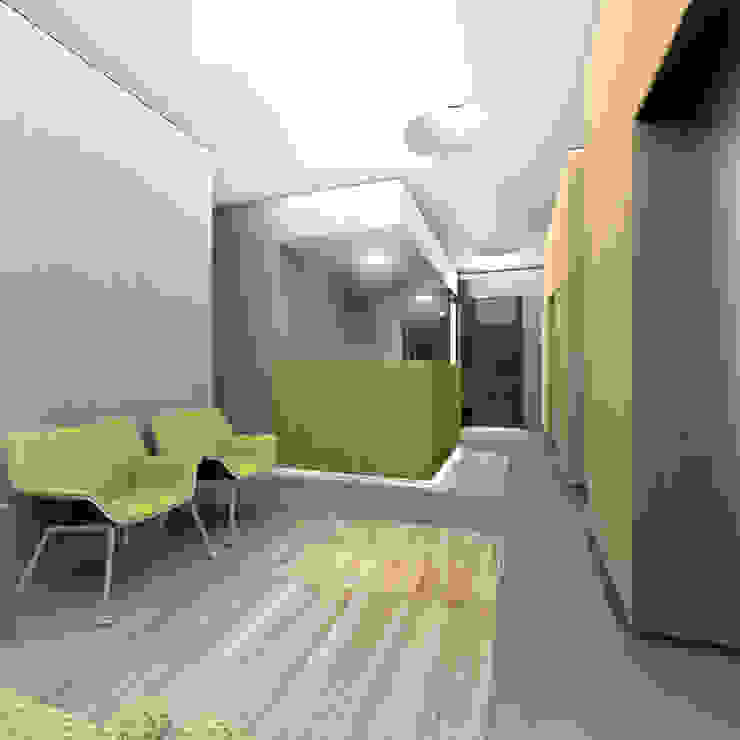 Render della sala d'attesa, visuale verso l'ingresso VITAE Studio Architettura Ingresso, Corridoio & Scale in stile scandinavo