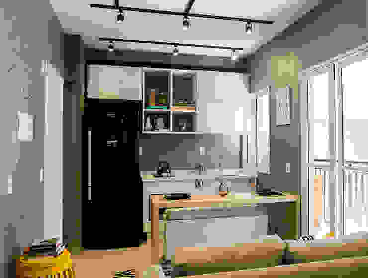 Cozinha integrada a sala de estar Estúdio Sá Arquitetura Cozinhas ecléticas Madeira Branco cozinha,cozinha integrada,trilho de iluminação,cimento queimado