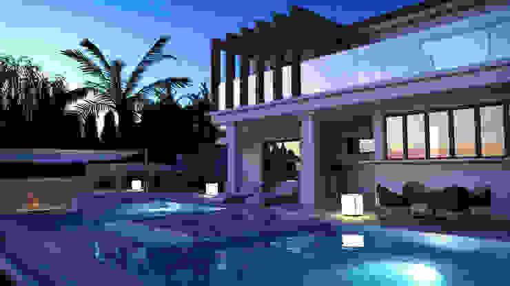 Exterior y piscina de noche Pacheco & Asociados Casas de estilo clásico iluminación nocturna,piscina,piscina exterior,exterior de madera,viga de madera
