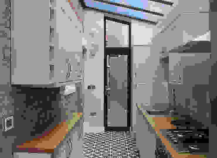 Interior view of the new kitchen RS Architects Küchenzeile Ziegel Weiß brick,glass door,tiles,modern kitchen,glass ceiling,haringey,kitchen extension