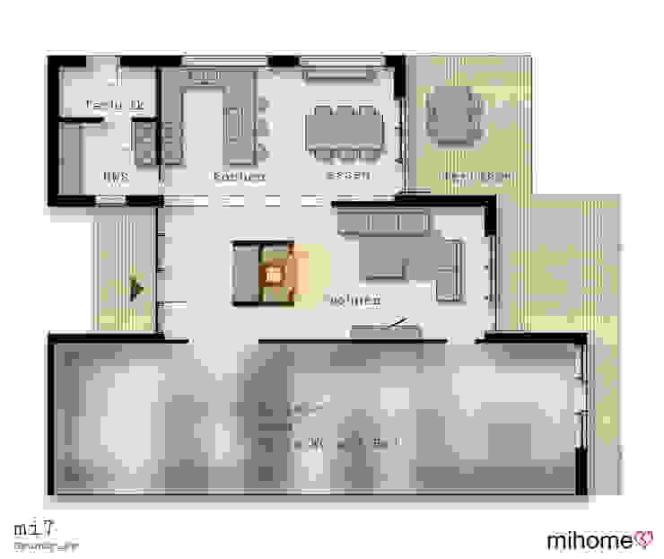 Mi7 Einfamilienhaus aus drei Riegeln, mihome mihome Bungalow barrierefrei,bauhaus,beton,bungalow,einfamilienhaus,glasfassade,kamin,offener Grundriss,Sichtbeton,Wohnküche