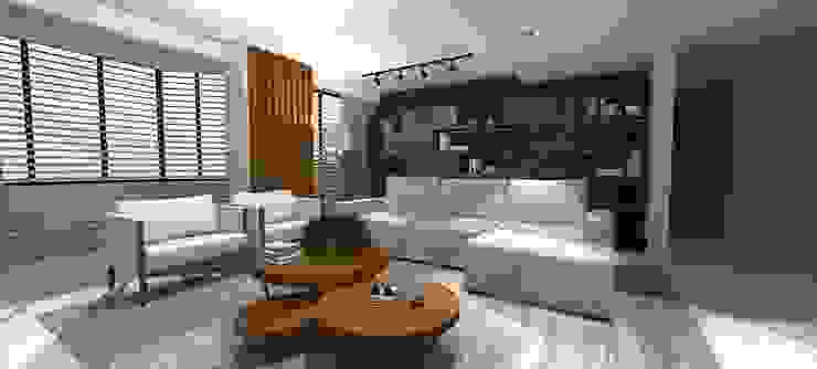 Sala de estar contemporânea e aconchegante Cláudia Legonde Salas de estar modernas Madeira Cinza cinza,madeira,estofado,mesa de centro,sofá com chaise,poltronas,trilho de iluminação,cortina