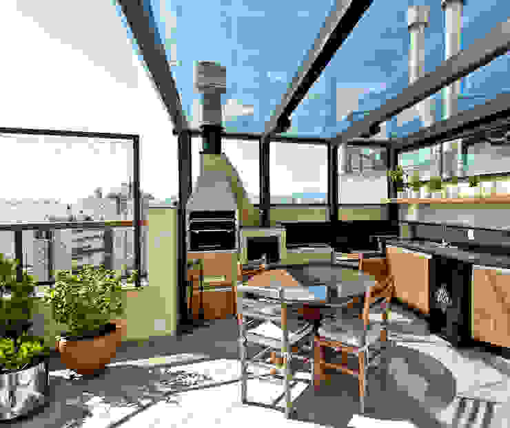 Um duplex para conviver, festejar e relaxar , +2 Arquitetura +2 Arquitetura Varandas, alpendres e terraços tropicais de madeira e plástico Castanho