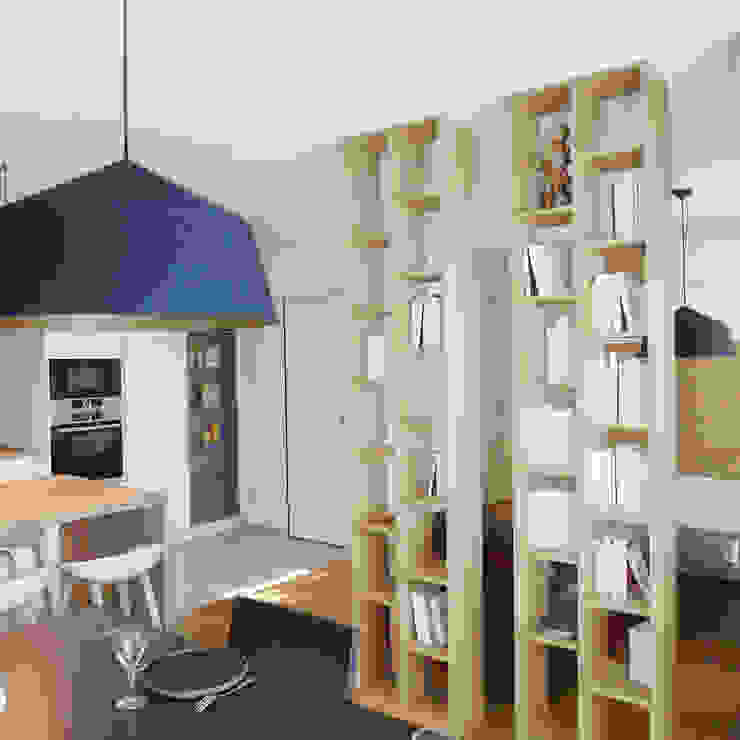 Un séjour cosy et lumineux Skéa Designer Salon moderne Bois Blanc meuble sur mesure,bibliothèque,salle à manger,salon,séjour,pièce de vie,bois,blanc,noir,suspension,style scandinave,épuré