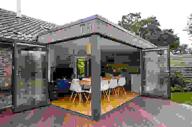 Exterior view of extension, bi-folding doors and outdoor terrace dwell design บ้านและที่อยู่อาศัย