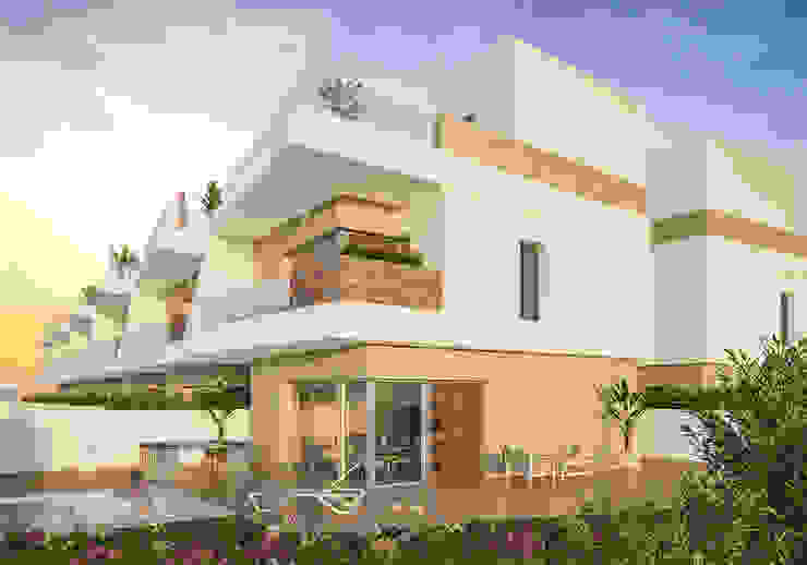 Proyecto de chalet con piscina independiente ARQUIJOVEN SLP Casas unifamilares jardinera,volumen blanco,fachada piedra,chalet pequeño,proyecto chalet