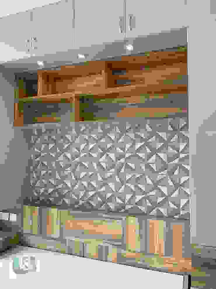 Bed & Headboard with Wall Paper in the back drop U and I Designs Modern style bedroom