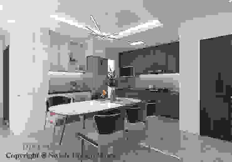 Dining Area and Kitchen Swish Design Works Modern kitchen Plywood Grey