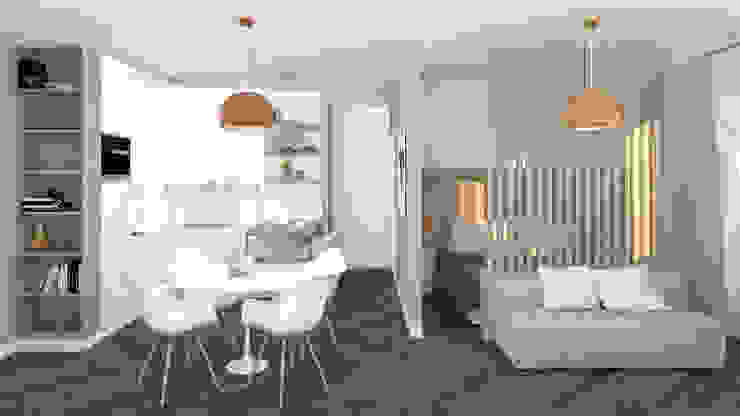 Monolocale 35 mq APrenderingstudio di Eleonora Aonzo Cucina piccola Legno Marrone interior design, rendering, arredamento, progetto, monolocale, spazi ridotti