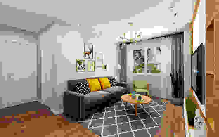 Living Area Swish Design Works Scandinavian style living room living, sofa, carpet, coffee table, curtains