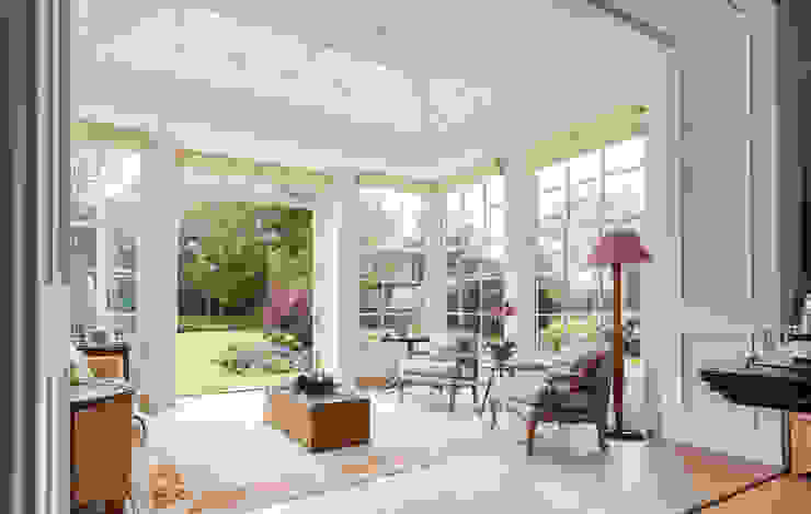 Interior view of a beautiful orangery looking out to the garden Vale Garden Houses Konservatori Klasik Kayu White
